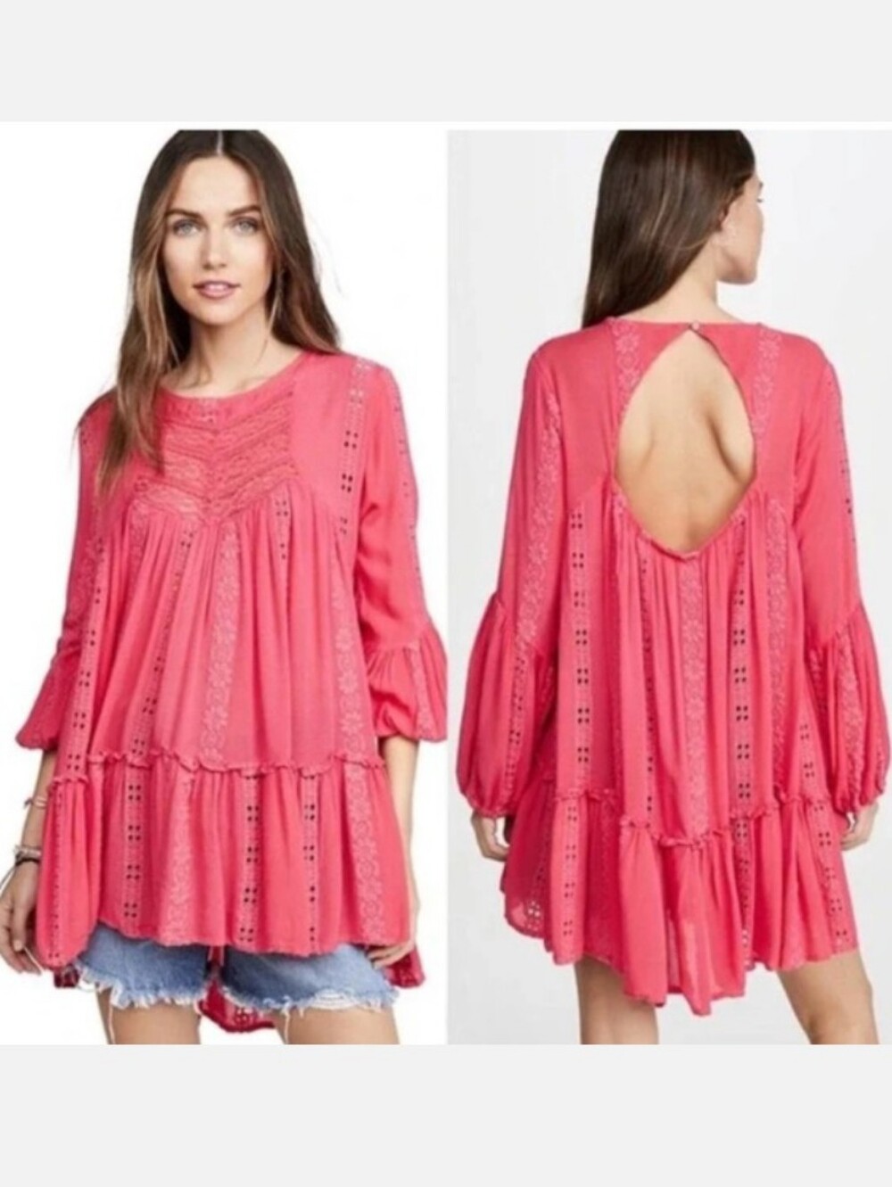 Free People Sweetest Dream Boho Lace Tiered Babydoll Tunic Size XS Oversized